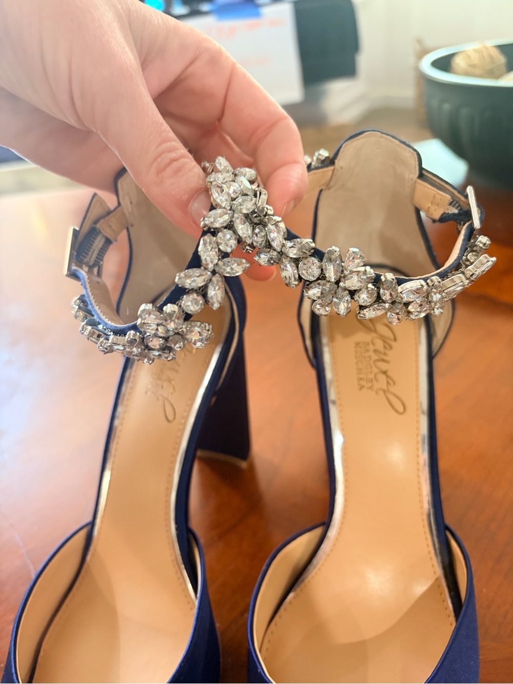 Jewel Badgley Mischka Blue Satin Pointed-Toe Heels with Crystal Ankle Straps - Picture 9 of 10